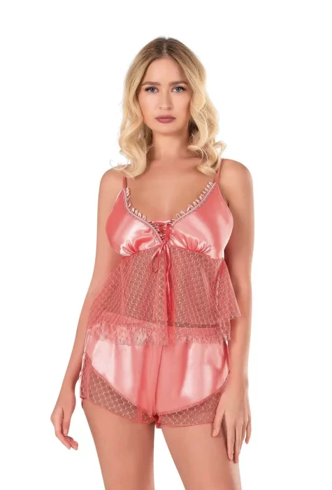Mercan Şık Saten Babydoll Şort Takımı