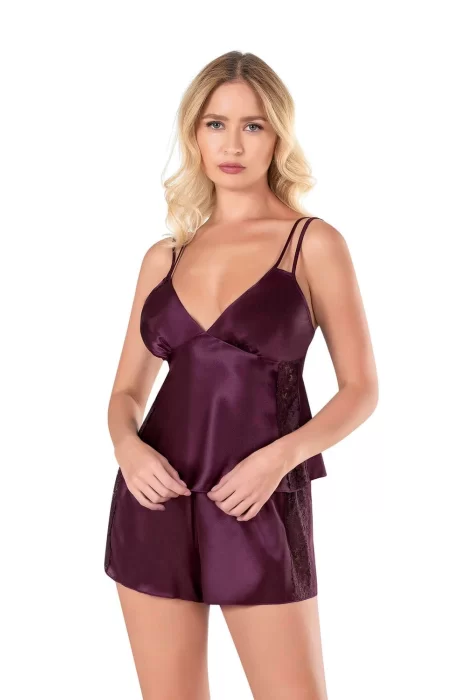 Kaliteli Şık Mürdüm Saten Babydoll Şort Takımı