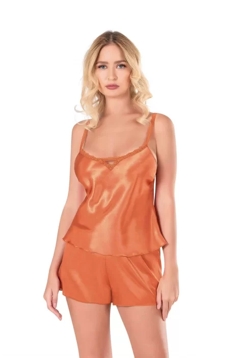 Oranj Şık Saten Babydoll Şort Takımı
