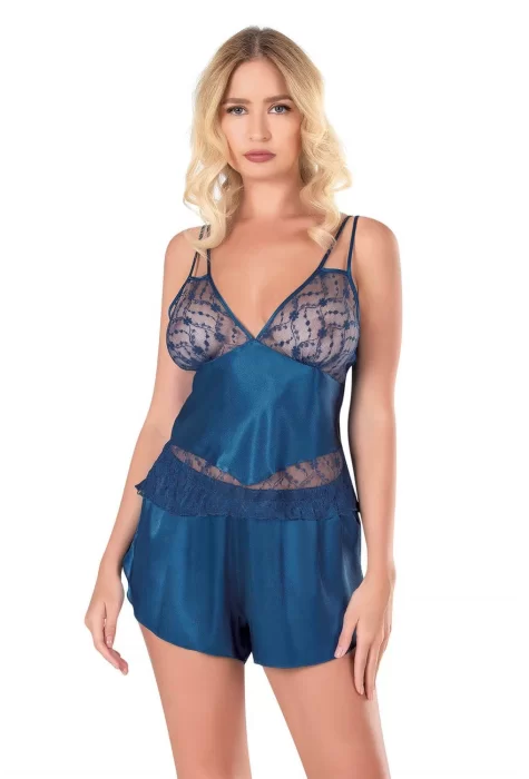 Petrol Mavisi Şık Saten Babydoll Şort Takımı