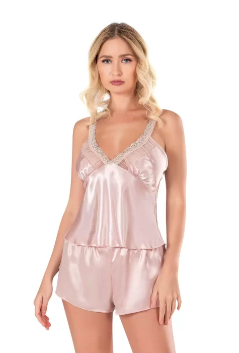 Pudra Saten Şık Babydoll Şort Takımı
