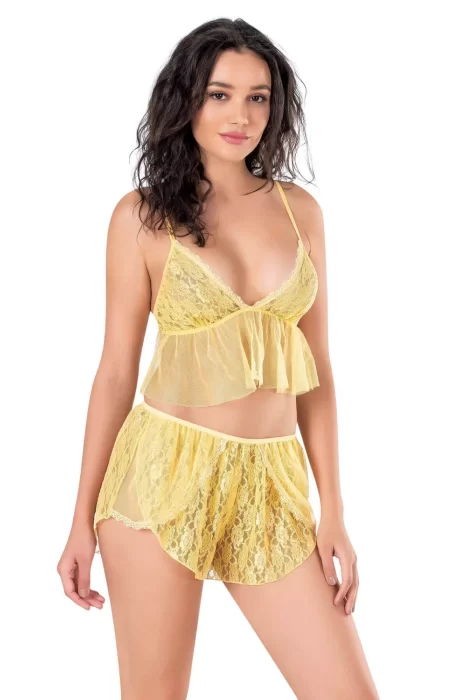 Sarı Tül Babydoll Şort Takımı - Sağlık Odaklı Gecelik