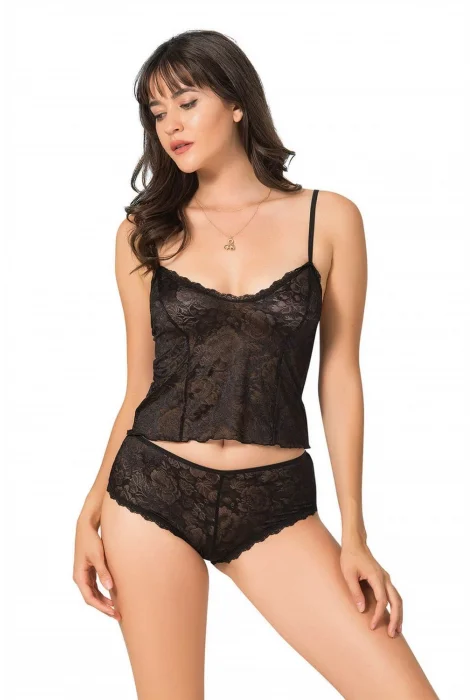 Siyah Şık Jakarlı Babydoll Şort Takımı