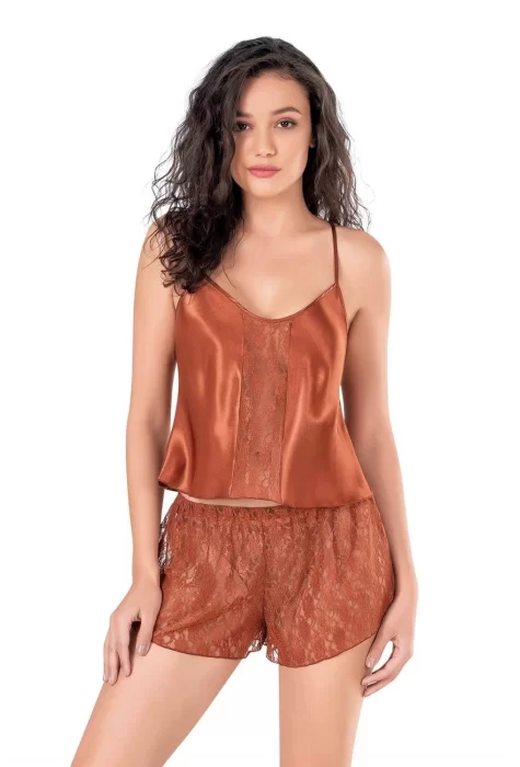 Tarçın Şık Saten Babydoll Şort Takımı