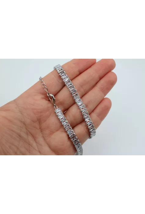 Rodyum Kaplama Büyük Baget Taşlı Zirkonlu Hazır Kolye