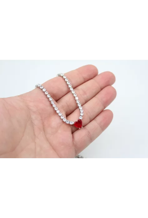 Rodyum Kaplama Kırmızı Kalpli Su Yolu Kolye