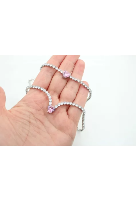Rodyum Kaplama Pembe Kalp Taşlı Su Yolu Kolye ve Bileklik Seti