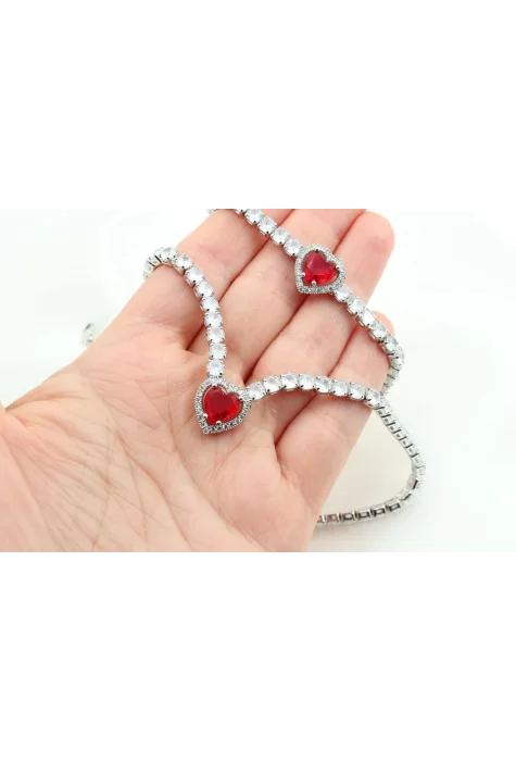 Rodyum Kaplama Sıra Taşlı Kalp Su Yolu Set Kırmızı