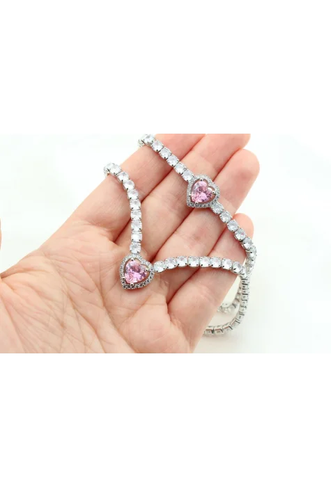 Rodyum Kaplama Sıra Taşlı Kalp Su Yolu Set Pembe