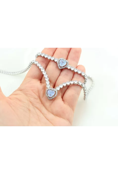 Rodyum Kaplama Sıra Taşlı Kalp Su Yolu Set Simli Mavi
