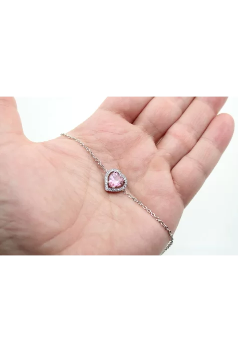 Rodyum Kaplama Sıra Taşlı Pembe Kalp-Zincirli Bileklik