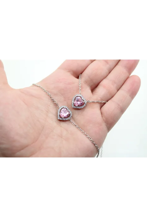 Rodyum Kaplama Sıra Taşlı Pembe Kalp Zincirli Set