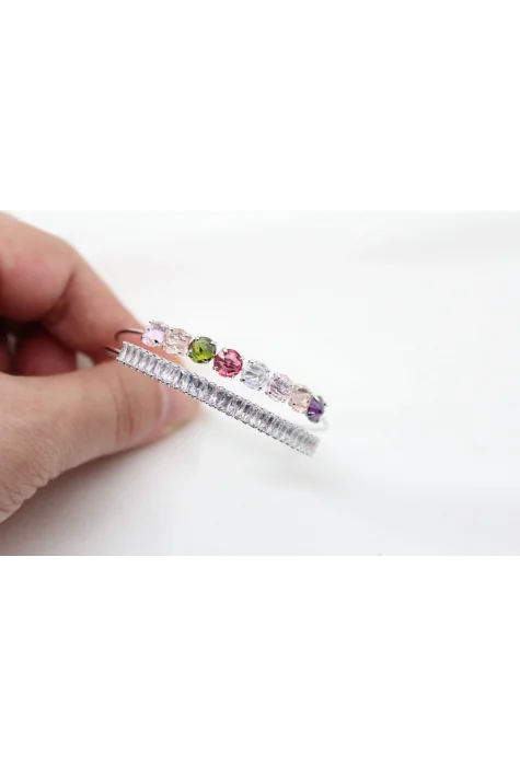 Rodyum Kaplama Yuvarlak+Baget Taşlı 2 Sıra Bileklik