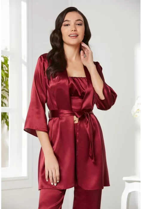 Kaliteli Şık Saten Kadın Pijama Takımı - Bordo Renk