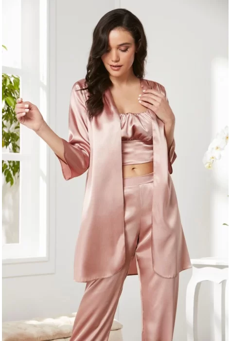 Kaliteli Şık Saten Kadın Pijama Takımı - Brandy Renk