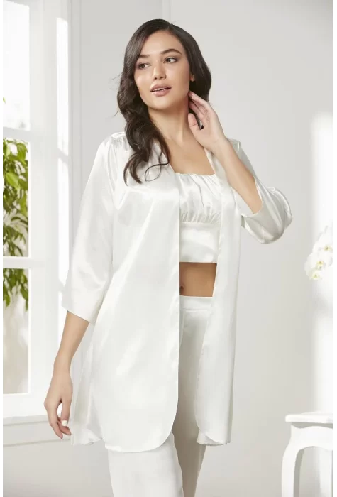 Kaliteli Şık Saten Kadın Pijama Takımı - Ekru