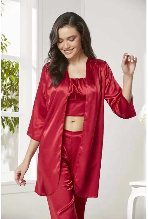 Kaliteli Şık Kırmızı Kadın Pijama Takımı - Sabahlık Dahil