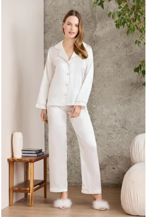 Kaliteli Şık Saten Biyeli Kadın Pijama Takımı - Ekru