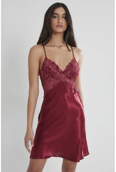 Saten Dantelli Kadın Gecelik - 608 Bordo