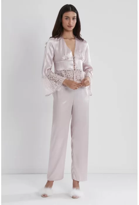 Kaliteli Şık Saten Dantelli Kadın Pijama Takımı - Pudra Renk