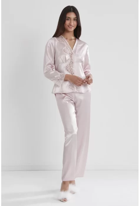 Kaliteli Şık Saten Dantelli Kadın Pijama Takımı - Pudra Renk