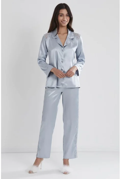 Kaliteli Şık Saten Dantelli Kadın Pijama Takımı Mist Rengi