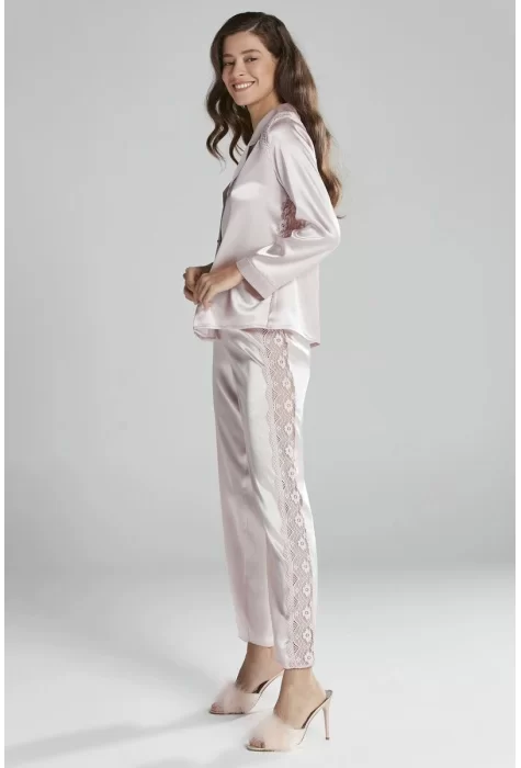 Kaliteli Şık Saten Dantelli Kadın Pijama Takımı - Pudra Renk