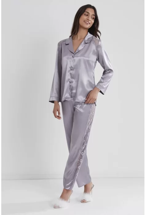 Kaliteli Şık Saten Dantelli Kadın Pijama Takımı - Royal