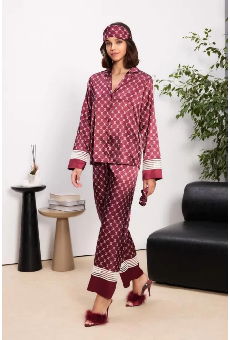 Kaliteli Şık Saten Kadın Pijama Takımı - Bordo Renk