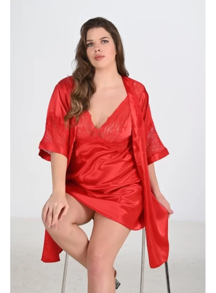 2li Kırmızı Sabahlık Takımı Bigsize 6207