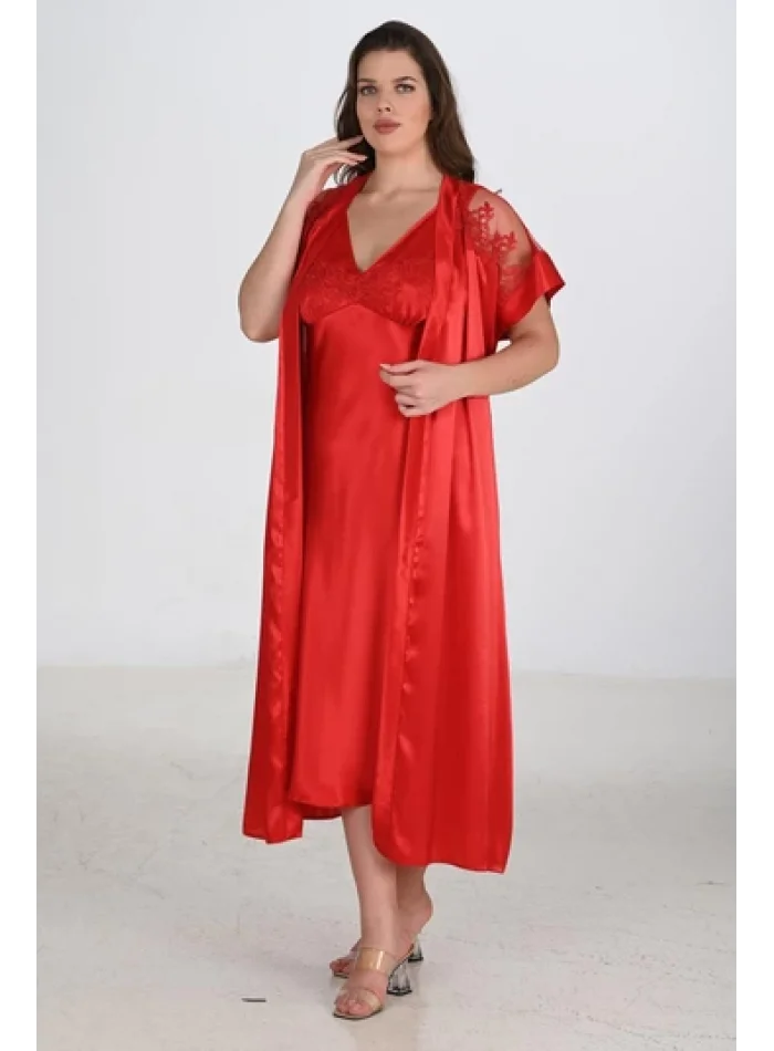 2li Kırmızı Sabahlık Takımı Bigsize 6226