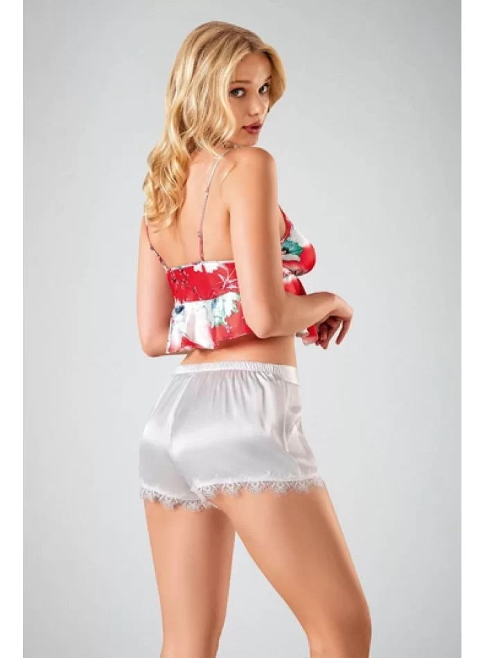 Kaliteli Kırmızı Çiçek Desenli Bodysuit 3lü Şort Takımı