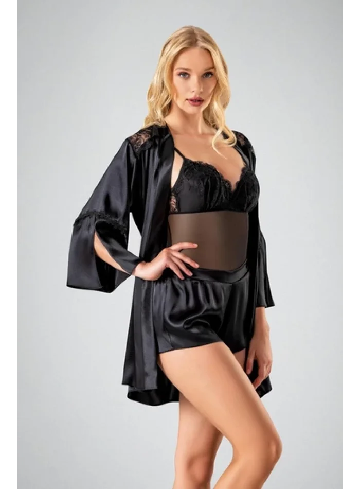 Kaliteli Şık Siyah Bodysuit 3lü Şort Takımı