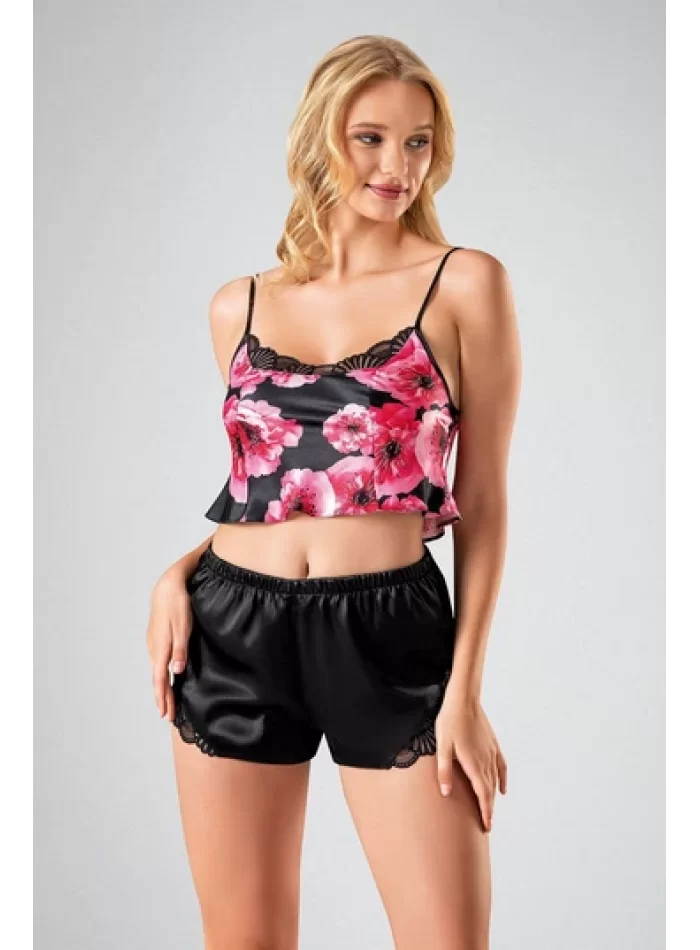 Kaliteli Siyah Çiçek Desenli Bodysuit 3lü Şort Takımı