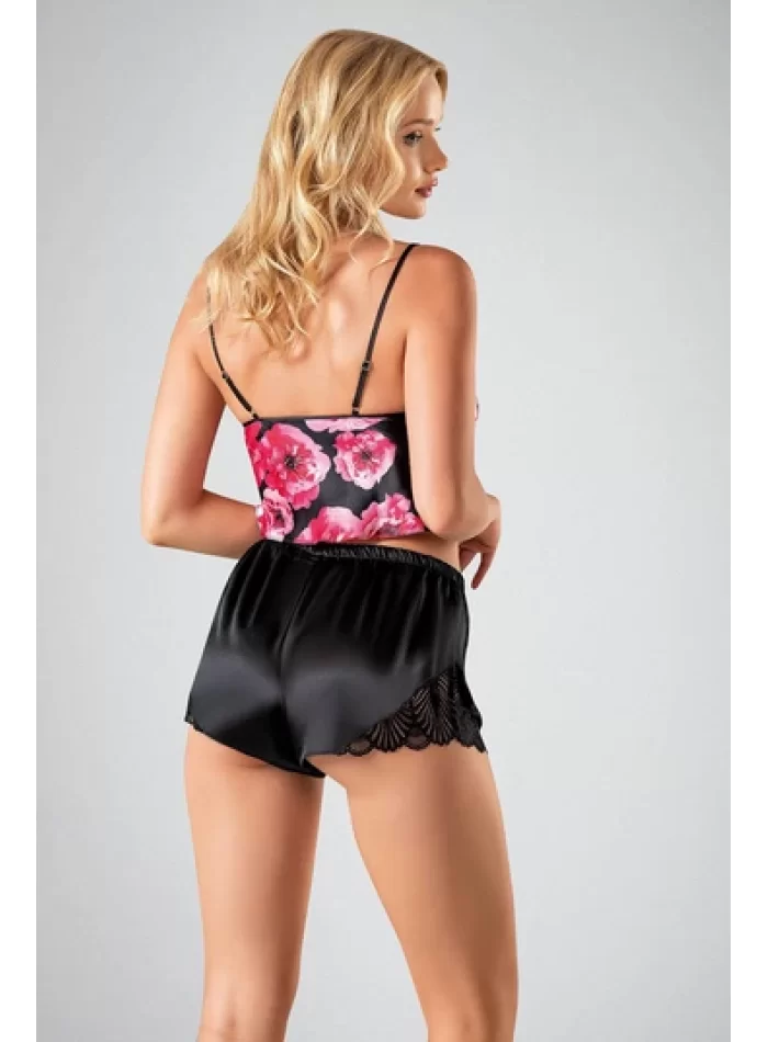 Kaliteli Siyah Çiçek Desenli Bodysuit 3lü Şort Takımı