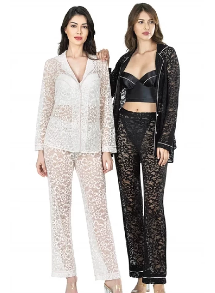 Ekru Şık Üçlü Büstiyerli Saten Sabahlık Gecelik Pijama