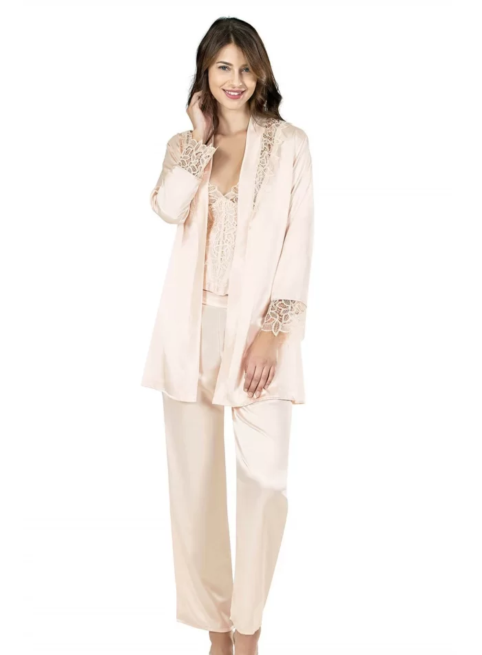 Fildişi Şık Üçlü Saten Gecelik Pijama Takımı
