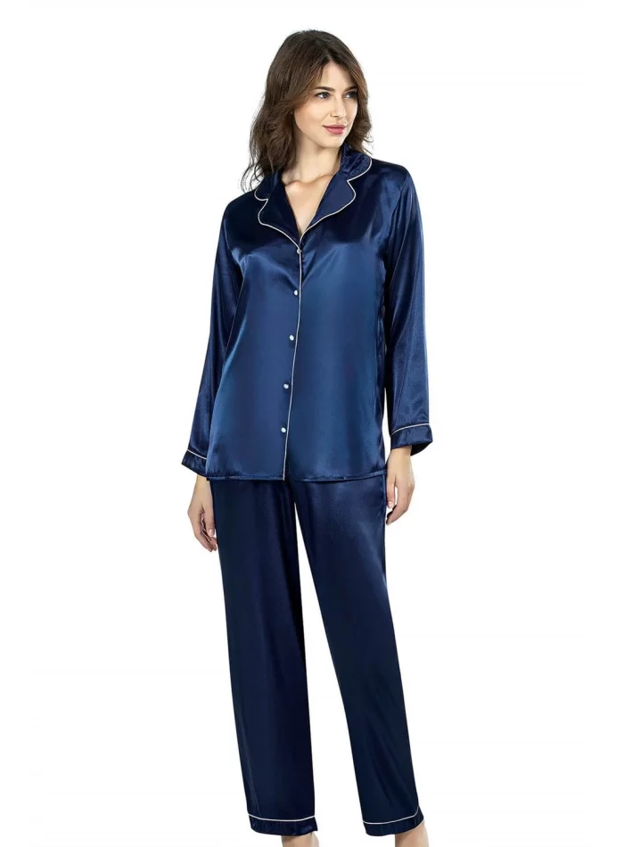 Lacivert Şık Saten Gecelik Pijama Takımı