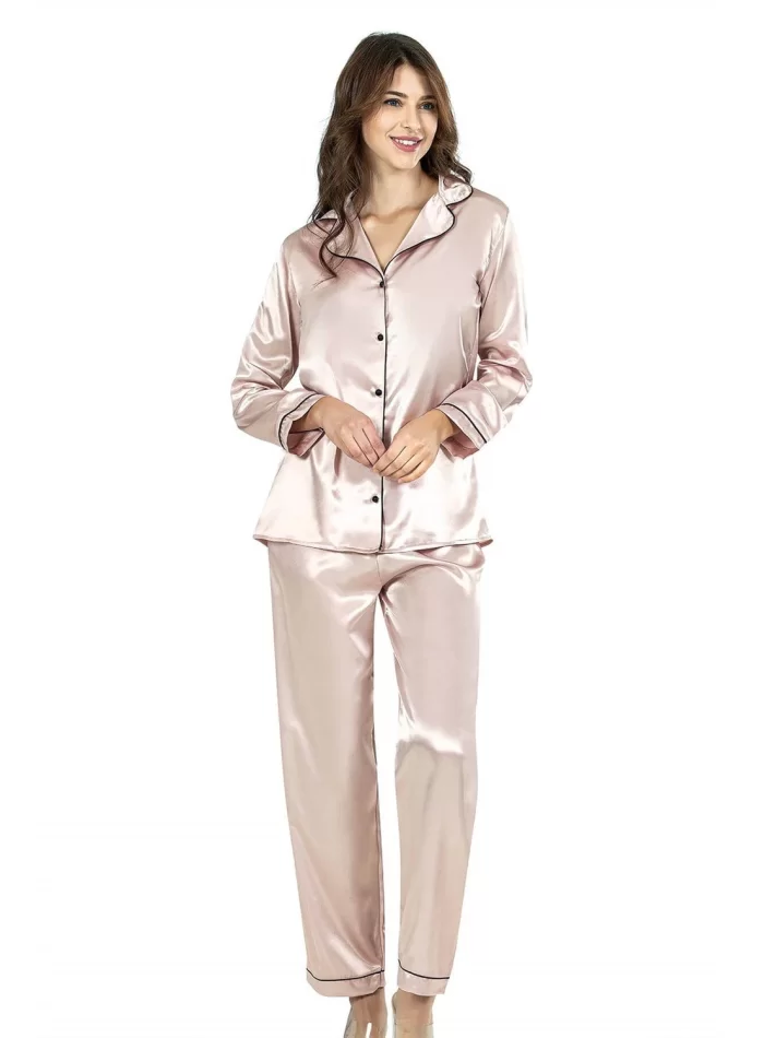 Kaliteli Şık Pudra İkili Saten Gecelik Pijama