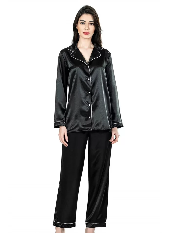 Siyah Şık Saten Gecelik Pijama Takımı