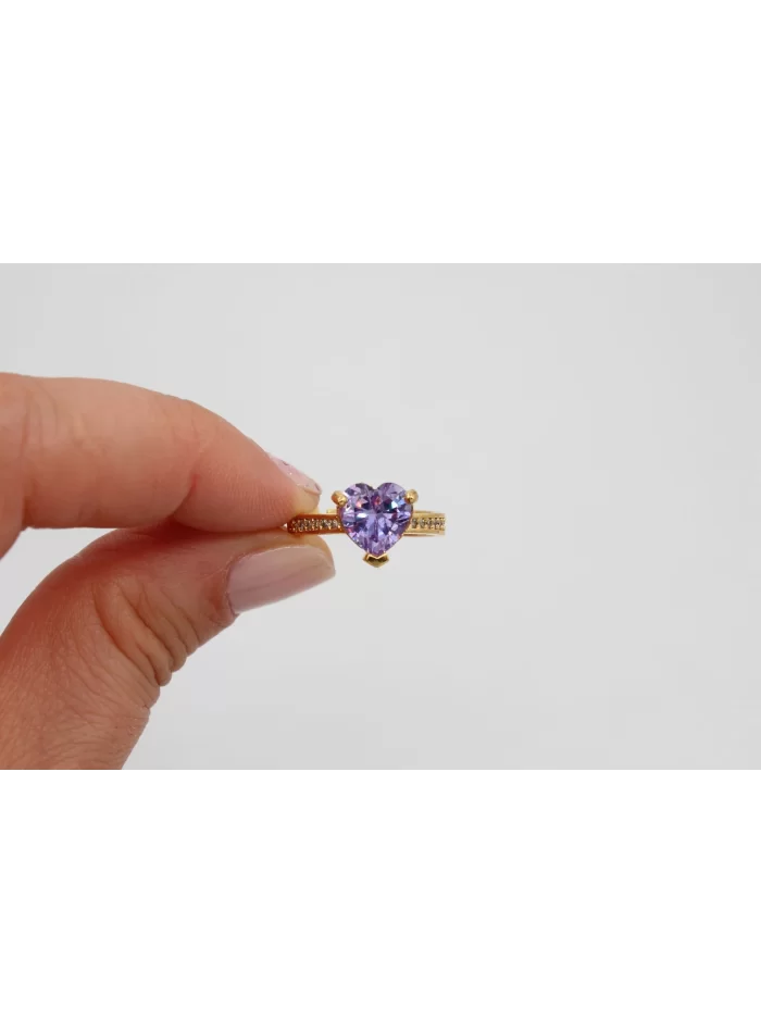 Altın Kaplama 8mm Lila Kalp Zirkonlu Yüzük