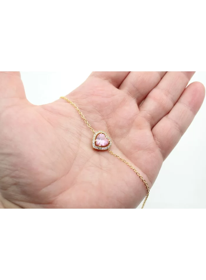 Altın Kaplama Sıra Taşlı Pembe Kalp-Zincirli Bileklik