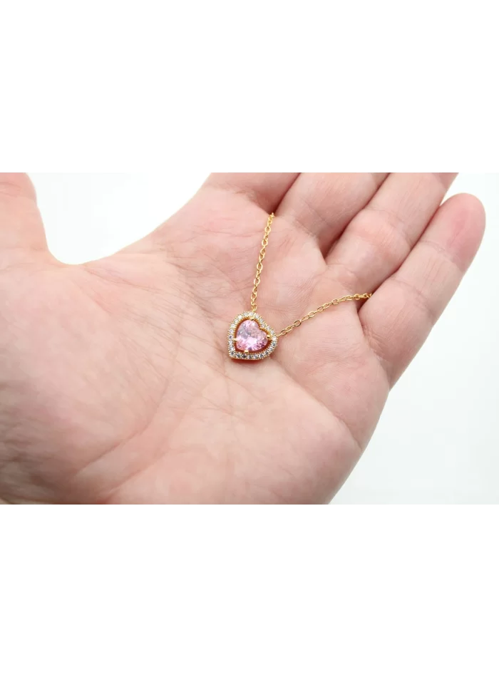 Altın Kaplama Sıra Taşlı Pembe Kalp-Zincirli Kolye