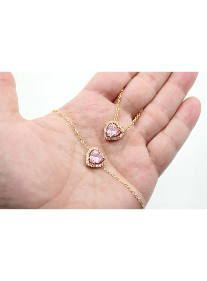 Altın Kaplama Sıra Taşlı Pembe Kalp-Zincirli Set