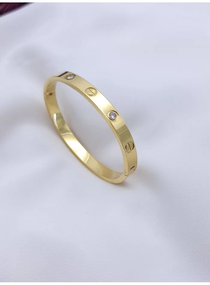 Çelik Düz Bilezik Gold Renk Taşlı