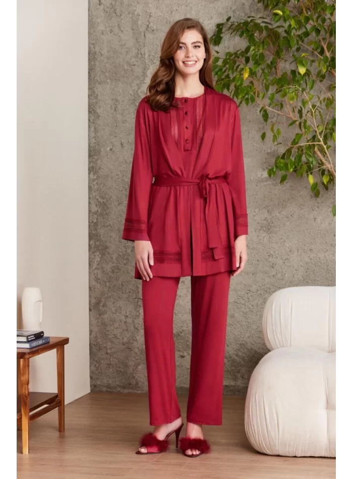 Kaliteli Şık Bordo 3Lü Pijama Takımı