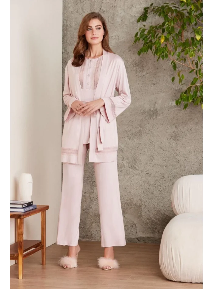 Dantelli Şık 3lü Pijama Takımı - Pudra Renk