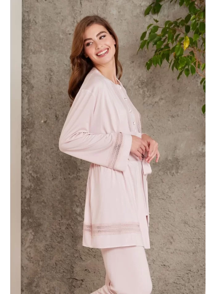 Dantelli Şık 3lü Pijama Takımı - Pudra Renk
