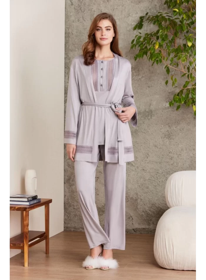 Dantelli Şık 3lü Pijama Takımı - Royal