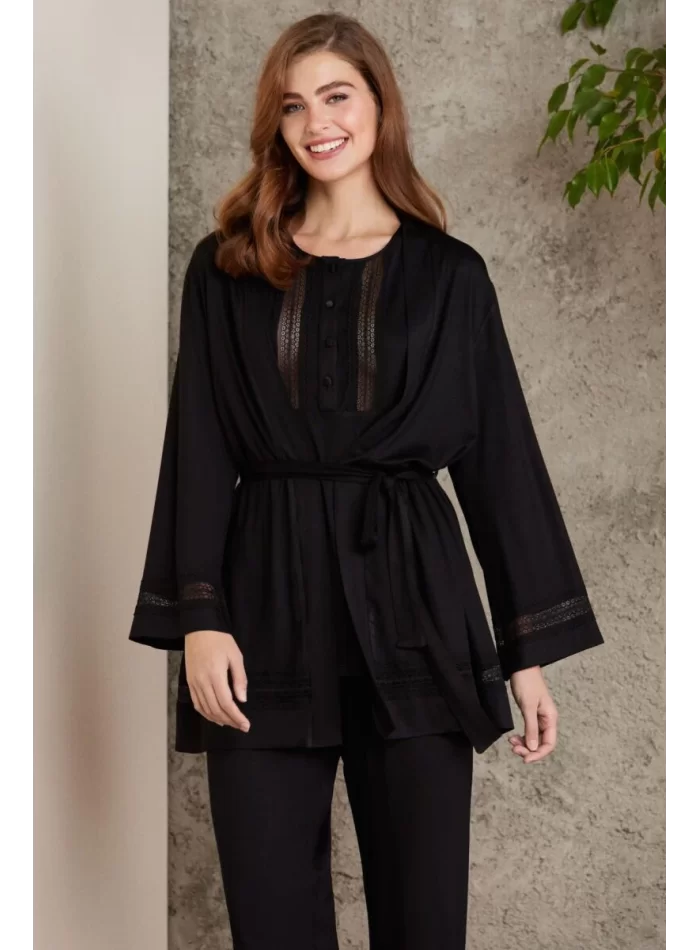 Kaliteli Şık Siyah 3Lü Pijama Takımı